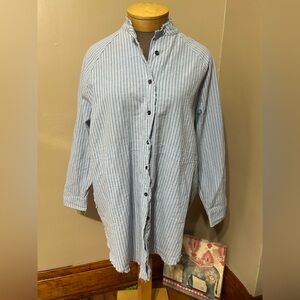 Paintcolor Oversized Shirt Mock Collar Long Sleeves White Blue Striped Size L